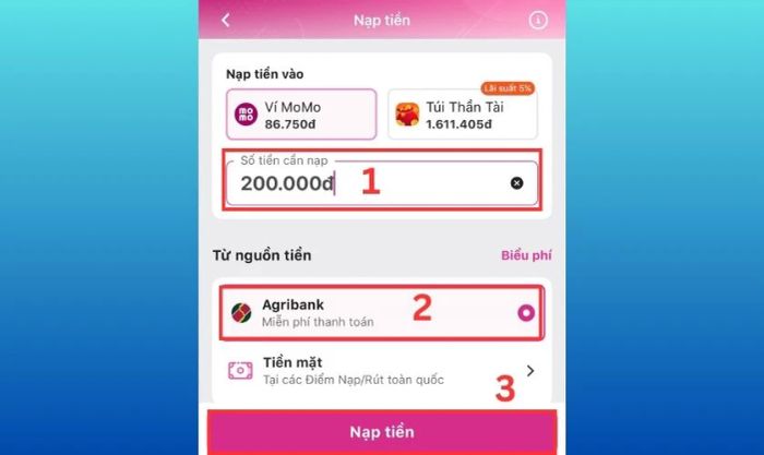 Nhập số tiền cần nạp, chọn ngân hàng liên kết và nhấn Nạp tiền để tiếp tục