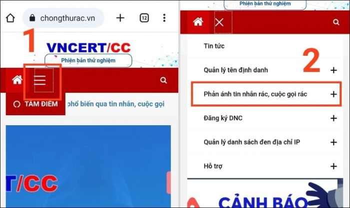 Cách phản ánh tin nhắn spam qua trang web VNCERT