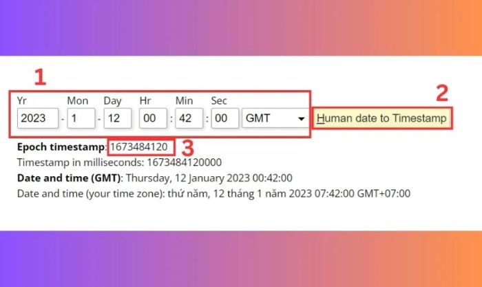 Nhấn vào Human date to Timestamp