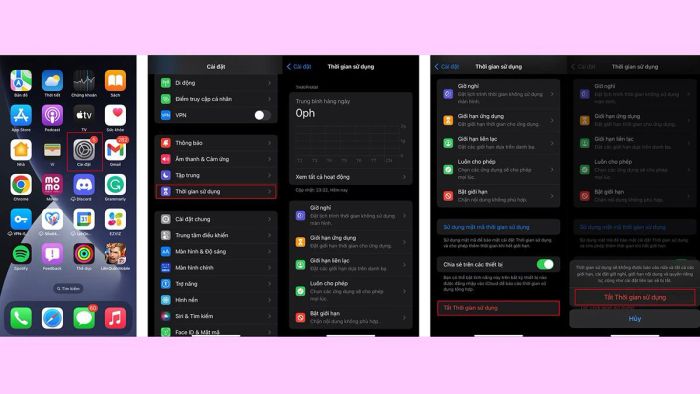 Các bước để tắt tính năng thời gian sử dụng trên iPhone