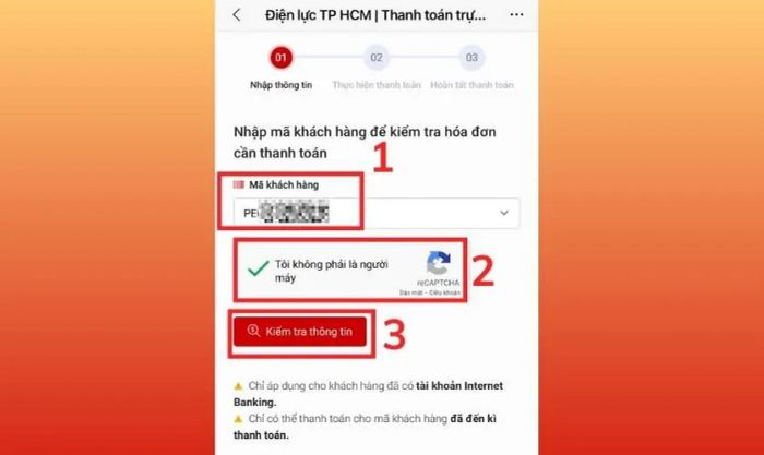 Nhấn Kiểm tra thông tin để xem hóa đơn cần thanh toán