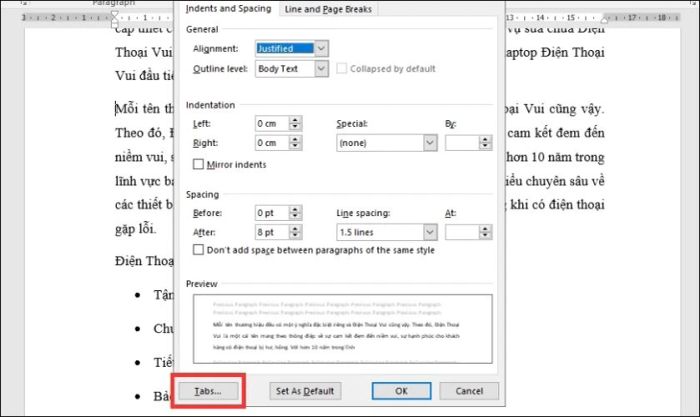 Chọn mục Tabs trong hộp thoại Paragraph