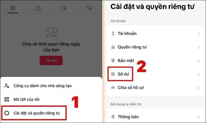 Bấm vào Cài đặt và quyền riêng tư và chọn Số dư