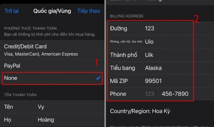 Chọn Không và điền thông tin địa chỉ