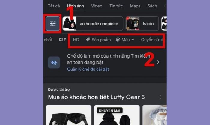 Lọc kết quả hình ảnh theo kích thước và màu sắc