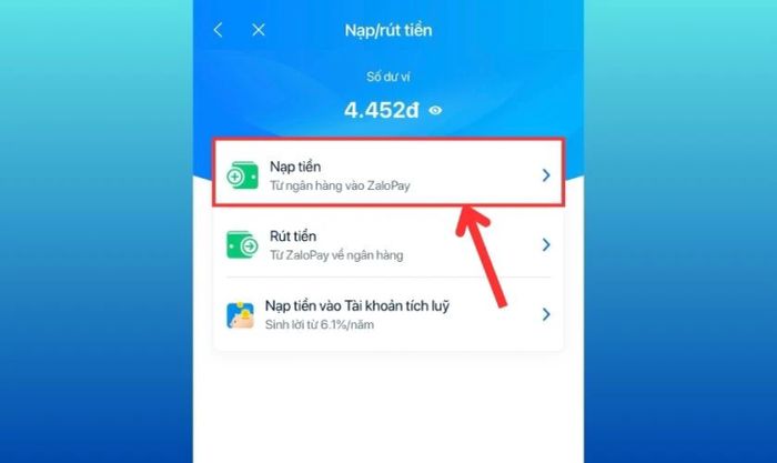 Nhấn vào tùy chọn Nạp tiền để thực hiện giao dịch