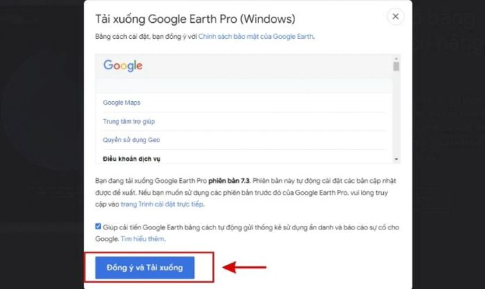 Đồng ý với Chính sách bảo mật của Google Earth
