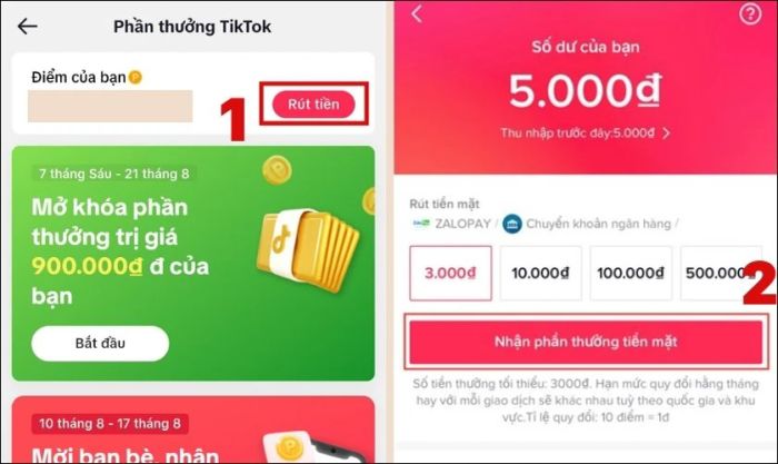 Bấm vào Rút tiền, chọn số tiền và nhấn vào nút Nhận phần thưởng tiền mặt