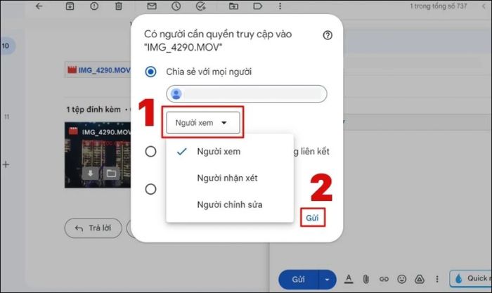 Lựa chọn quyền truy cập vào file và bấm vào Gửi