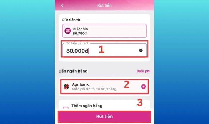 Điền số tiền cần rút, chọn ngân hàng và nhấn Rút tiền để hoàn tất