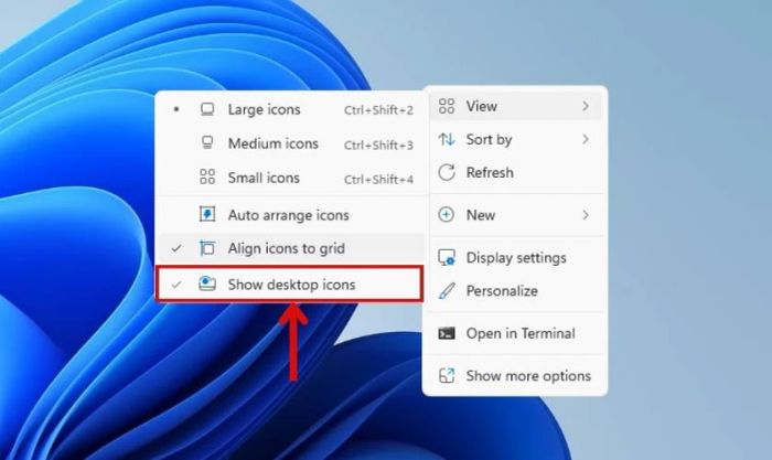 Chọn View và bỏ chọn Show desktop icon