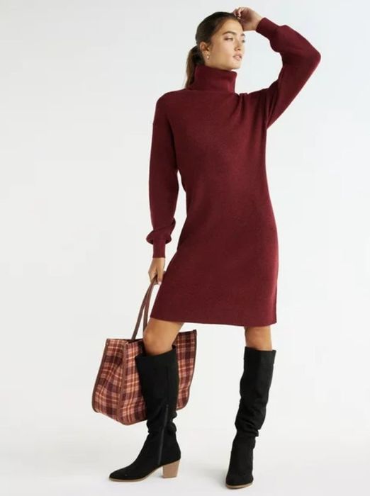 model wearing a red turtleneck dress