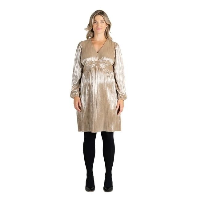 model wearing a gold pleated maternity dress