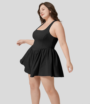 model showcasing a black dress