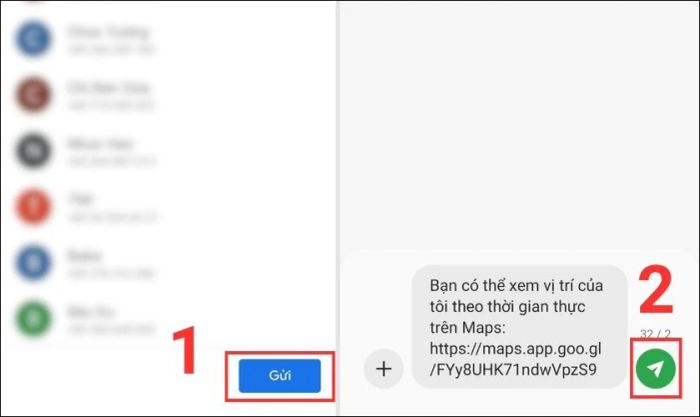 Nhấn gửi để hoàn thành việc chia sẻ vị trí thông qua số điện thoại