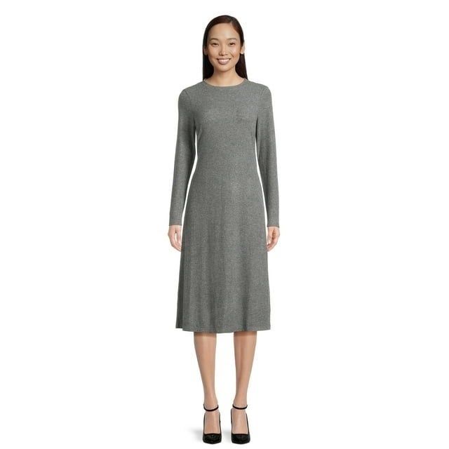model wearing a grey long sleeve swing dress