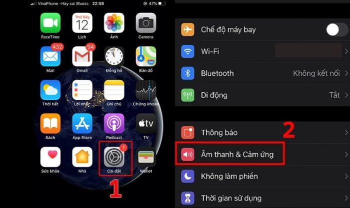 Vào Cài đặt và chọn mục Âm thanh & Cảm ứng