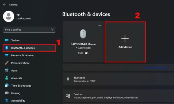 Chọn mục Bluetooth & Devices và nhấn vào Add Device