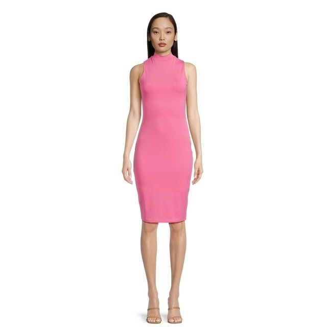 model wearing a pink mock-neck dress