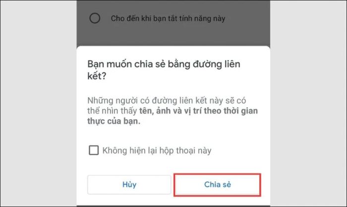 Xác nhận chia sẻ bằng cách nhấn vào nút Chia sẻ