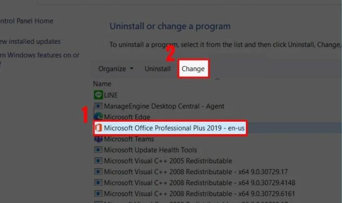 Chọn bộ cài đặt Office, sau đó nhấn vào Change