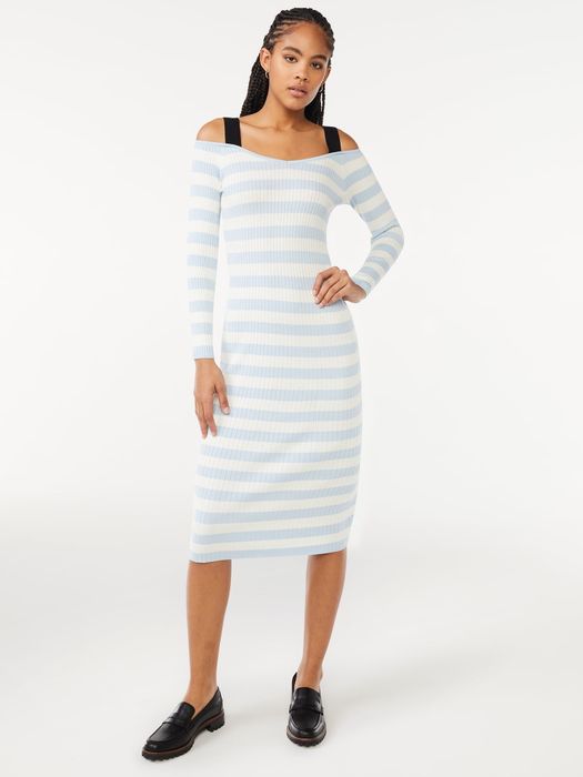 model wearing a light blue and white striped dress