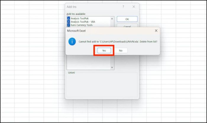 Bỏ dấu tích tại mục Add-ins để xóa nó.