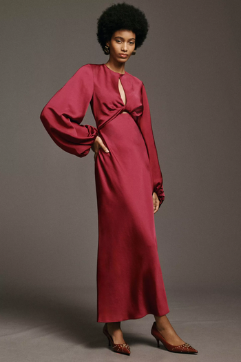 model showcasing a red satin maxi dress