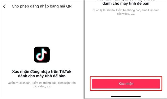 Nhấn xác nhận để Cho phép đăng nhập bằng mã QR