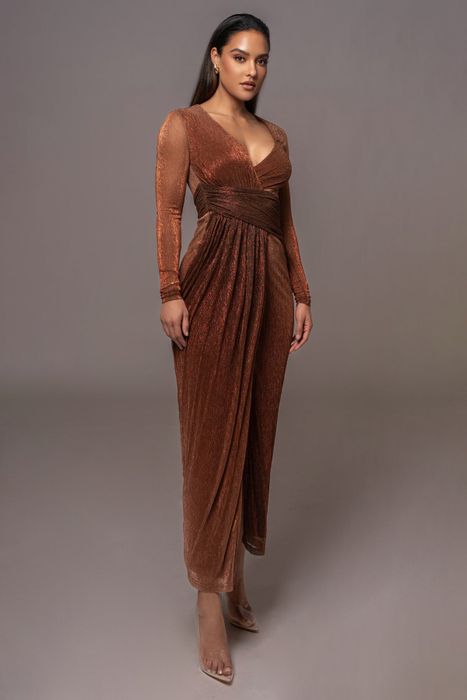 same model in the gold variation of the dress