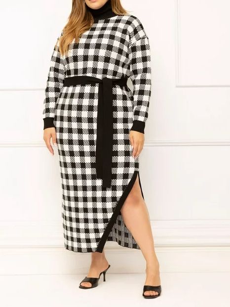 model wearing a black and white checkered dress
