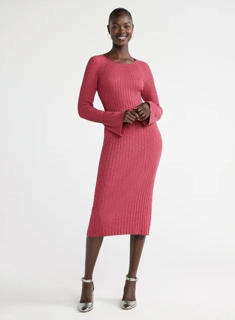 model showcasing a pink ribbed dress