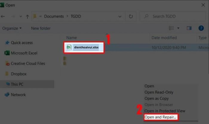 Chọn file bị lỗi, sau đó nhấn vào Open and Repair…