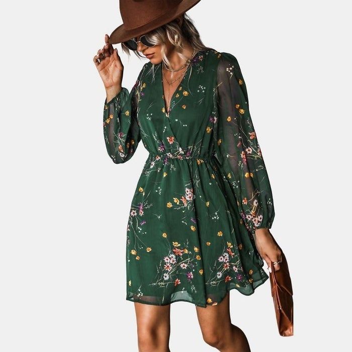 Model showcasing the green floral dress