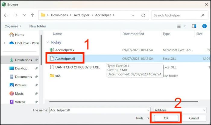 Tìm đến file AccHelper đã được giải nén và nhấn Ok để tiếp tục.