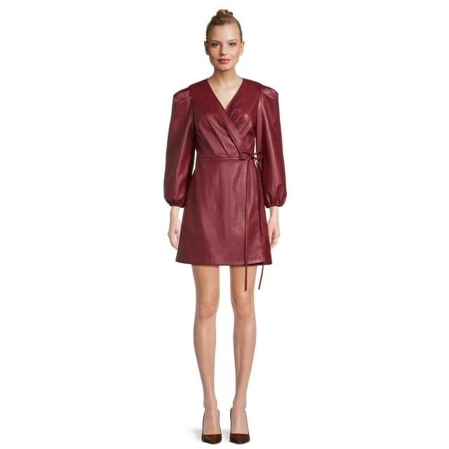 model showcasing a red faux leather wrap dress