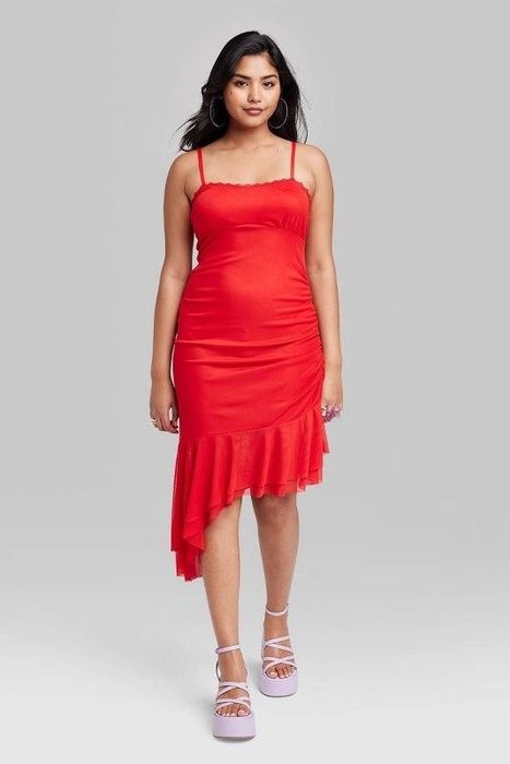 Model showcasing the red dress