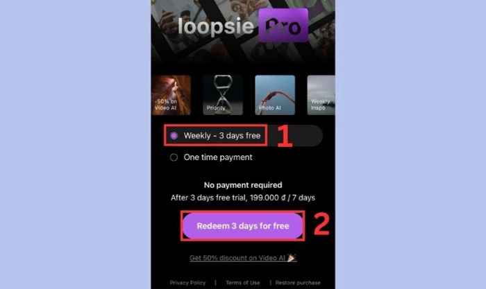 Lựa chọn gói đăng ký Weekly - 3 days free