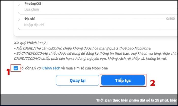 Đồng ý với các điều khoản bằng cách tích vào ô và nhấn Tiếp tục