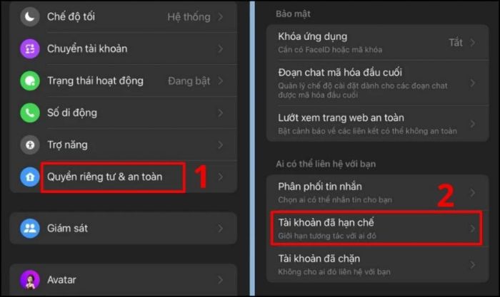 Chọn mục Quyền riêng tư và an toàn