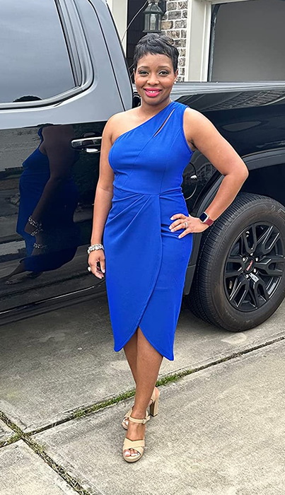 Another reviewer showcasing the dress in a vibrant blue version
