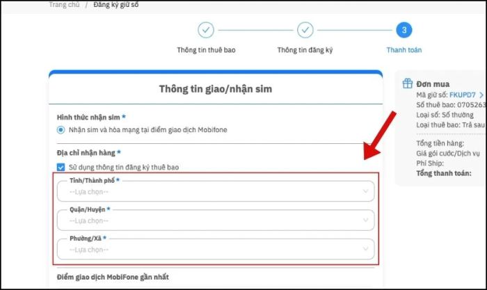 Điền địa chỉ cụ thể nơi bạn muốn sim được giao đến