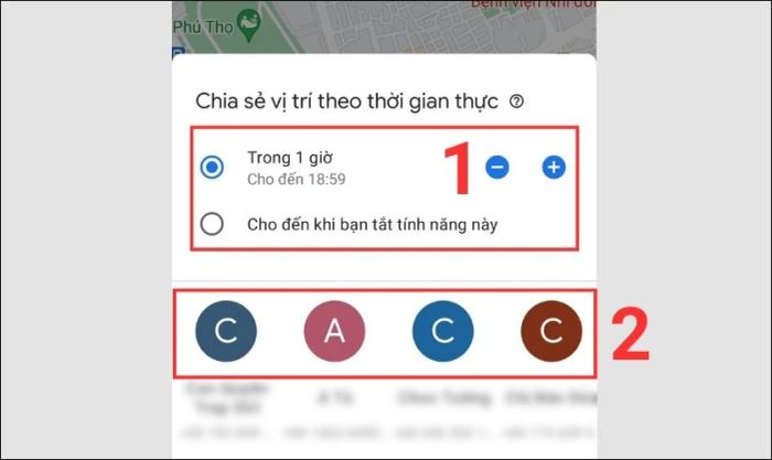 Thiết lập thời gian và chọn số điện thoại để chia sẻ vị trí