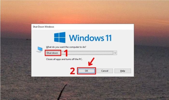 Nhấn phím mũi tên sang phải để chọn Shut down và nhấn OK trên cửa sổ để tắt máy tính