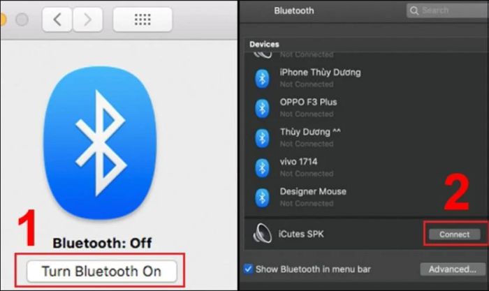 Nhấn Turn Bluetooth on để kích hoạt kết nối Bluetooth