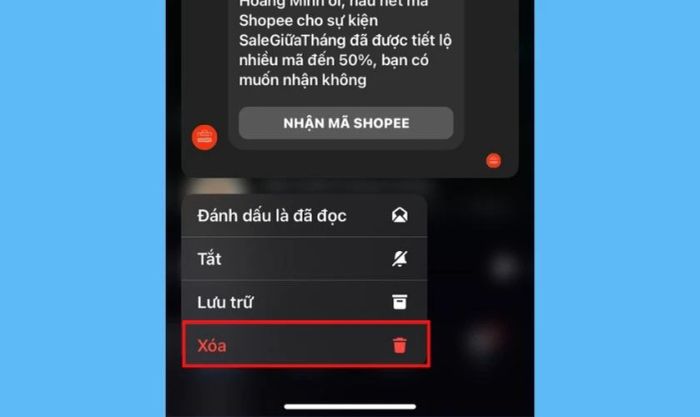 Chọn mục Xóa được đánh dấu màu đỏ
