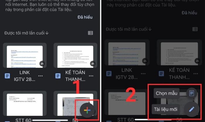 Nhấn vào biểu tượng dấu cộng ở phía dưới để lựa chọn mẫu có sẵn hoặc tạo một tài liệu mới.