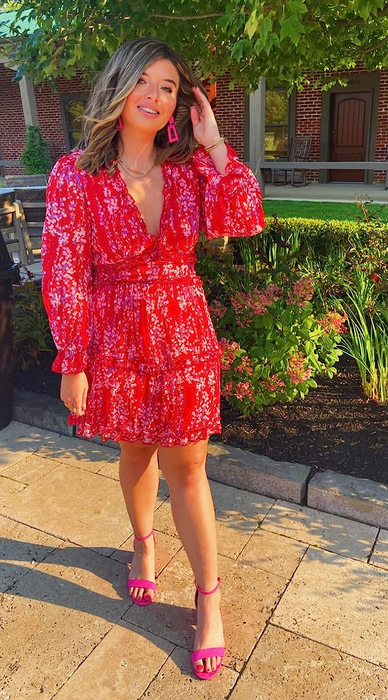 A reviewer wearing the red short dress