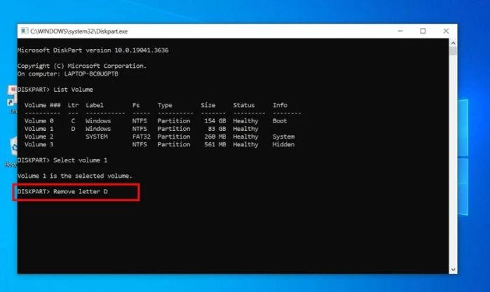 Để ẩn ổ đĩa, nhập lệnh Remove letter D và nhấn Enter