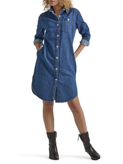 model showcasing a blue denim dress